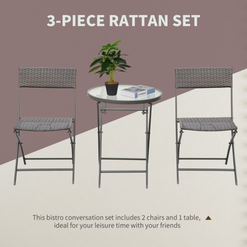 Outsunny 3 Pieces Rattan Bistro Set, Wicker Folding Garden Furniture Set with Round Glass Top Coffee Table and Chairs for Outdoor, Patio, Balcony, Brown