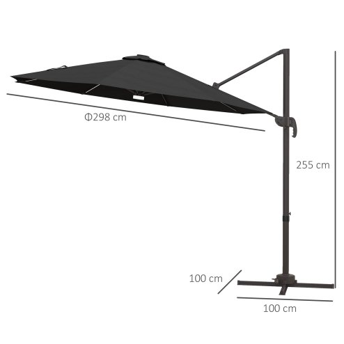 Outsunny 3(m) Cantilever Roma Parasol Garden Sun Umbrella Outdoor Patio with 360 Rotation Crank & Tilt Aluminium Frame LED Solar Light Cross Base, Dark Grey