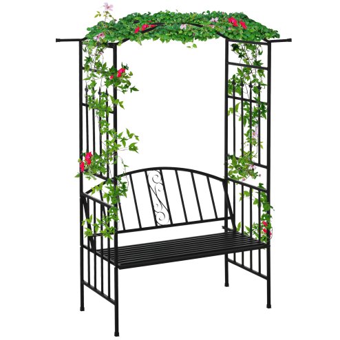 Outsunny Garden Metal Arch Arbour with Bench Love Seat Chair Outdoor Patio Rose Trellis Pergola Climbing Plant Archway Tubular- 154L x 60W x 205Hcm