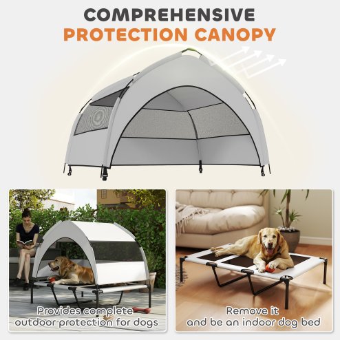 PawHut Elevated Dog Bed with Removable Canopy, Portable Cooling Raised Pet Cot with Breathable Mesh, Storage Bag, for Indoor Outdoor Use, for Large Dogs, 106 x 76 x 94 cm, Light Grey