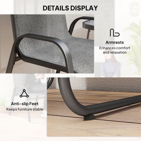 Outsunny 3 Pieces Outdoor Bistro Set, Patio Stackable Armchairs with Breathable Mesh Fabric and SPC Board Coffee Table, Light Grey