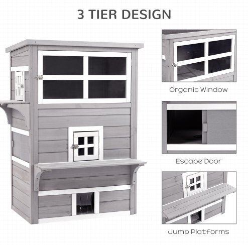 PawHut Outdoor Cat House, 3 Tier Wooden Kitten Shelter with Jumping Platforms, Asphalt Roof, Doors for Indoor, Garden - Grey
