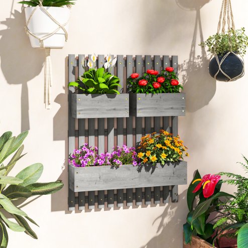 Outsunny Wall-mounted Wooden Garden Planters with Trellis, Drainage Holes and 3 Movable Planter Boxes, Wall Raised Garden Bed for Patio, Grey