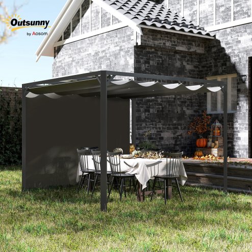 Outsunny 3 x 3(m) Garden Pergola with Retractable Roof Canopy, Aluminium Pergola Kit Gazebo with Roller Shade, UPF30+ Sun Shade Shelter for Porch, Dark Grey