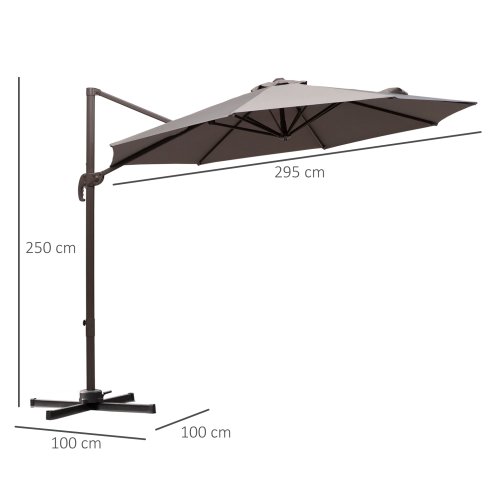 Outsunny 3M Cantilever Parasol, Hanging Garden Umbrella Sun Shade with 360 Rotation, Aluminium Frame, Cross Base, Hand Crank, Grey