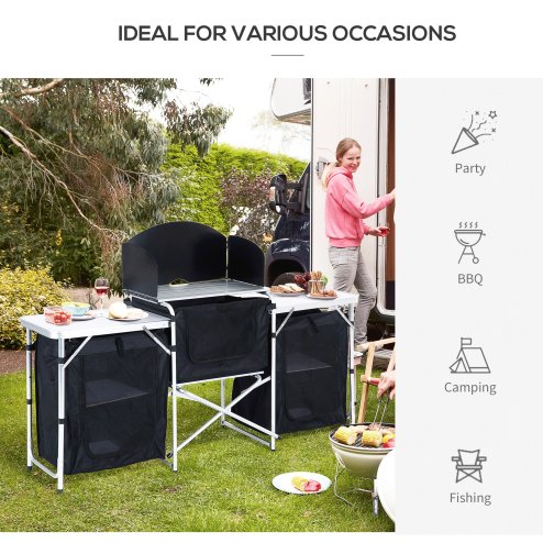 Outsunny Portable Camping Kitchen with Aluminium Frame, Fold-Up Cooking Table With Windscreen and 3 Enclosed Cupboards for BBQ, Party, Picnic, Black