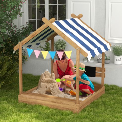 Outsunny Sand Pit Wooden Sandpit Kids Sandbox House for Outdoors, Gardens with Canopy, Liner, Blackboard, Sink, Seats, Flags, for Ages 3-7 Years - Brown