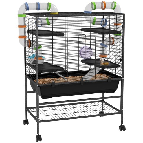 PawHut Large Hamster Cage, Gerbil Cage with Wheels, Tubes, Storage Shelf, Ramps, Running Wheel, Food Dish, Water Bottle, for Syrian Hamster - Black