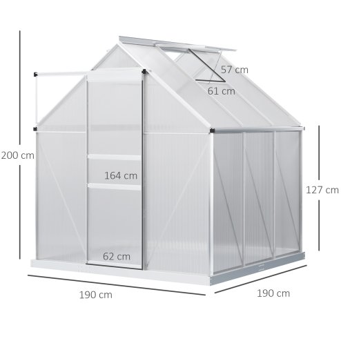 Outsunny Polycarbonate Greenhouse, Small Greenhouse with Adjustable Roof Vent, Garden Green House with Galvanised Base, Sliding Door and Rain Gutter, 190 x 190 x 200 cm, Silver Tone