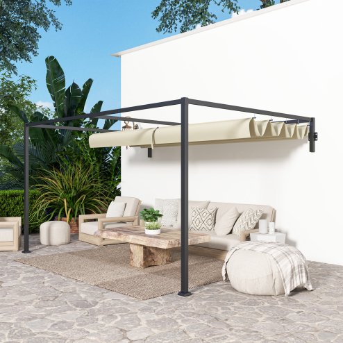 Outsunny 3 x 4m Lean To Pergola with Retractable Roof, Wall Mounted Garden Gazebo Outdoor Sun Shade Shelter for Patio, Deck, Khaki