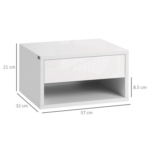 HOMCOM Floating Bedside Table Set of 2 Wall Mounted Nightstand with Storage Drawer and Open Shelf for Bedroom, High Gloss White
