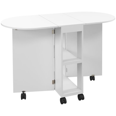 HOMCOM Mobile Folding Dining Table, Drop Leaf Table for Small Spaces with 2-tier Shelves, Small Kitchen Table With 6 Wheels, White