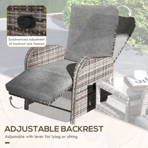 Outsunny 3 Pieces Rattan Bistro Set, Wicker Balcony Furniture Set with Reclining Sun Loungers, 2-Tier Coffee Table and Cushions, 2 Seater Garden Furniture for Outdoor Patio Balcony, Brown