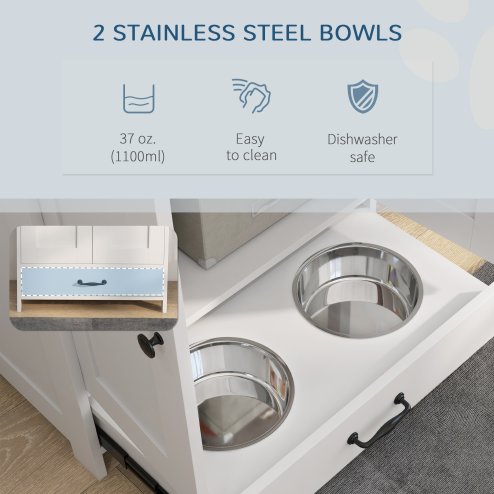 PawHut Pet Feeding Station with Storage, Dog Feeding Station with Raised Dog Bowls, Adjustable Panel, Hooks, Pet Food Storage Cabinet, White