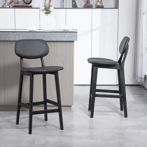 HOMCOM Bar Stools Set of 2, Breakfast Bar Chairs, PU Leather Upholstered Kitchen Stools with Backs, Footrests and Solid Wood Legs, Black