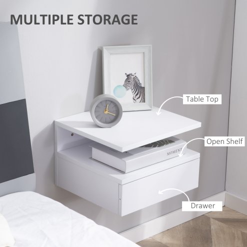 HOMCOM Floating Bedside Table Set of 2, Wall Mount Nightstands with Storage Drawer and Open Shelf for Bedroom, White