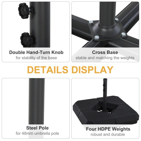 Outsunny 4PCs Fillable Parasol Base Weights with Steel Cross Base, HDPE Garden Umbrella Stand 60L Water or 72kg Sand Filled Weights Plastic Black