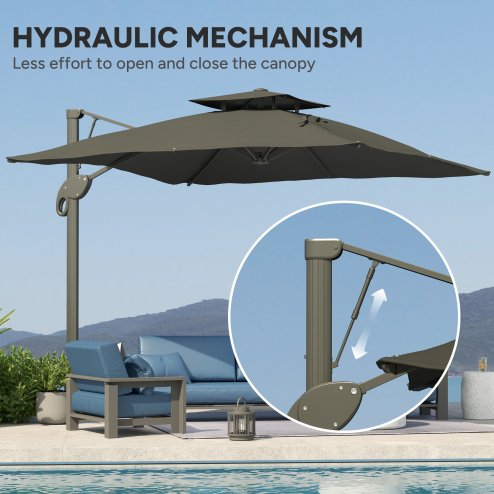 Outsunny 3 x 3 m Cantilever Parasol with Hydraulic Opening, Heavy Duty Aluminium Hanging Garden Parasol, Double Top Square Patio Umbrella with 360° Rotation, 8 Ribs, Cross Base, Grey