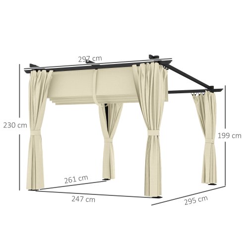 Outsunny 3 x 3(m) Metal Pergola with Retractable Roof and Sidewalls, Garden Gazebo UPF30+ Sun Shade Shelter for Outdoor, Patio, Deck, Beige