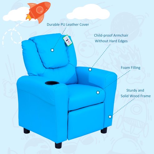 HOMCOM Kids Recliner, PU Leather Kids Armchair, Child Chair, Toddler Armchair with Adjustable Backrest, Footrest, Padded Headrest, Cup Holder, Blue