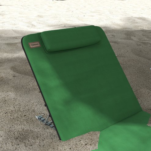 Outsunny Set of 2 Foldable Garden Beach Chair Mat Lightweight Outdoor Sun Lounger Seats Adjustable Back Metal Frame PE Fabric Head Pillow w/ Carry Bag, Green