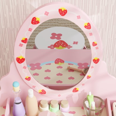 AIYAPLAY Kids Dressing Table Set, Two-Piece Children Vanity Table with Stool, Mirror, Drawer, Desktop Storage, Strawberry-Theme Makeup Desk, Chair, Pink