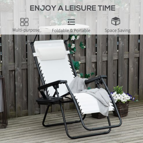 Outsunny Foldable Reclining Garden Chair with Headrest, Zero Gravity Deck Sun Lounger Seat Chair with Footrest, Armrest, Cup Holder & Canopy Shade, White