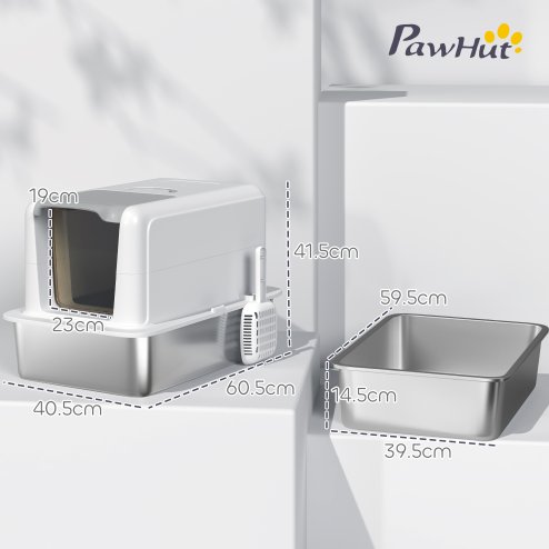PawHut Stainless Steel Cat Litter Box, Extra Large Metal Cat Litter Tray with Lid, Scoop, Filter Bags, White
