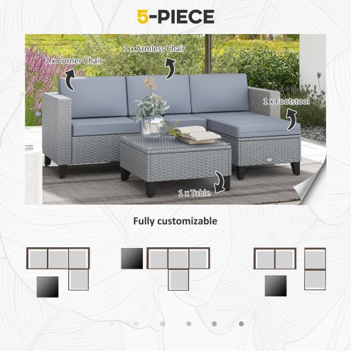 Outsunny 5 Pieces PE Rattan Garden Furniture Set, 4 Seater Garden Corner Sofa Set with Glass Coffee Table, Wicker Outdoor Furniture Set with Cushions for Patio Deck, Grey