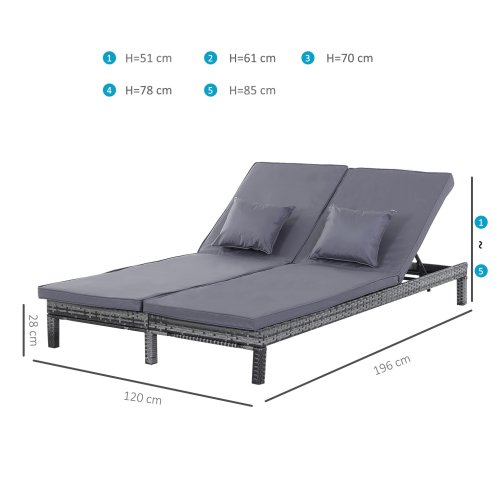 Outsunny Double Rattan Sun Lounger, Garden Daybed with 5-Level Adjustable Backrest, Outdoor Lounge Sunbed with Cushion and Pillows, 2 Seater Wicker Patio Furniture, Grey