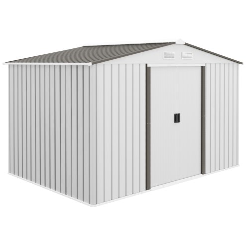 Outsunny 9 x 6ft Metal Garden Shed, Outdoor Storage Tool House with Ventilation Slots, Foundation Kit and Lockable Double Doors, Silver