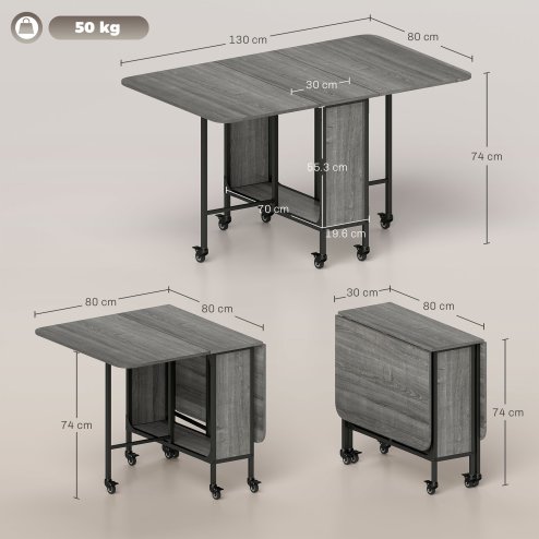 HOMCOM Mobile Drop Leaf Table, Folding Dining Table with 6 Wheels & Storage Shelf for Small Spaces, Kitchen, Dining Room