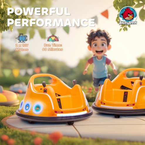 AIYAPLAY Angry Bird Licensed 12V Kids Bumper Car, 360 Rotation Waltzer Car with Joysticks, Remote Control, Music USB LED Lights, for 3-5 Years Old - Orange