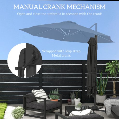 Outsunny 3(m) Cantilever Roma Parasol Adjustable Garden Sun Umbrella with LED Solar Light, Aluminium Frame, Tilt & Crank, UV50+, Cross Base Rotating Outdoor- Dark Grey