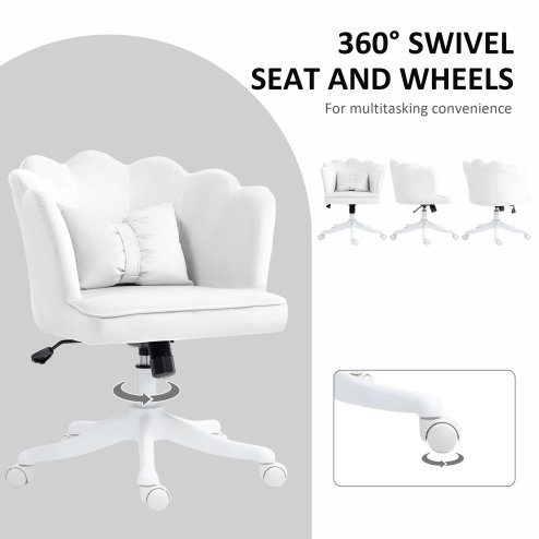 HOMCOM Computer Desk Chair, Armless Makeup Vanity Chair with Shell Back, Bow Pillow, Height Adjustable, Swivel Wheels for Home, Bedroom, White