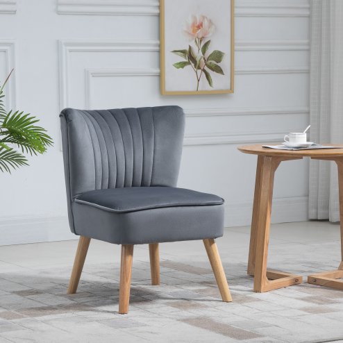 HOMCOM Velvet Accent Chair Occasional Tub Seat Padding Curved Back with Wood Frame Legs Home Furniture Grey Image