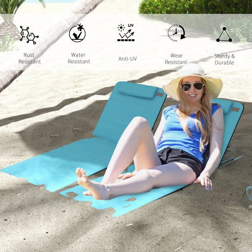 Outsunny Set of 2 Foldable Garden Beach Chair Mat Lightweight Outdoor Sun Lounger Seats Adjustable Back Metal Frame PE Fabric Head Pillow w/ Carry Bag, Light Blue