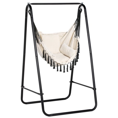 Outsunny Patio Hammock Chair with Stand, Outdoor Hammock Swing Hanging Rope Chair with Cushion, Armrest, Hooks, Cream White
