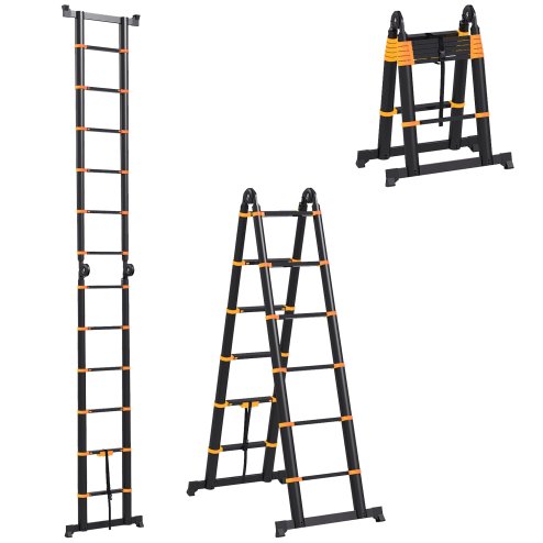 HOMCOM 3.8M Duo Aluminium Ladder with 12 Non-Slip Steps, Tool Holder Herringbone Deployed Extendable DIY with Climbing Platform, Yellow