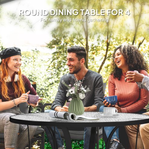 Outsunny Outdoor Dining Table with Parasol Hole, Tempered Glass Top Metal Frame Coffee Table, Round, 96.5 x 96.5 x 71 cm