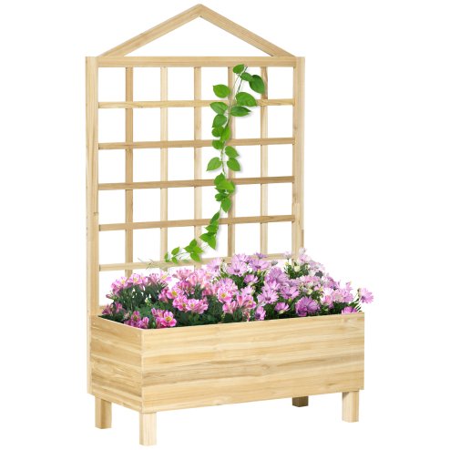 Outsunny Wooden Planters with Trellis for Vine Climbing, Raised Beds for Garden Patio, Outdoor Planter Box for Vegetables, Flowers, Herbs, Distressed Natural Tone