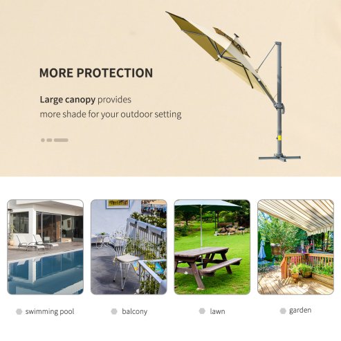 Outsunny 3(m) Cantilever Roma Parasol with LED Solar Lights, Crank & Tilt, Aluminium Frame, Cross Base and Adjustable Canopy 360° Rotating Sun Umbrella with 2-Tier Shade, Beige