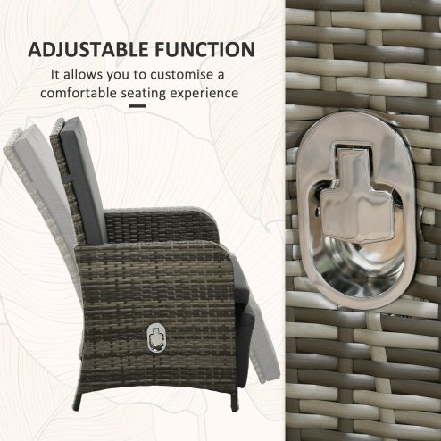 Outsunny 3 Pieces Garden Rattan Bistro Set with Adjustable Backrest, Balcony Conversation Furniture Set with 2 Armchairs Tempered Glass Coffee Table, Cushions, Storage Function - Mix-Grey