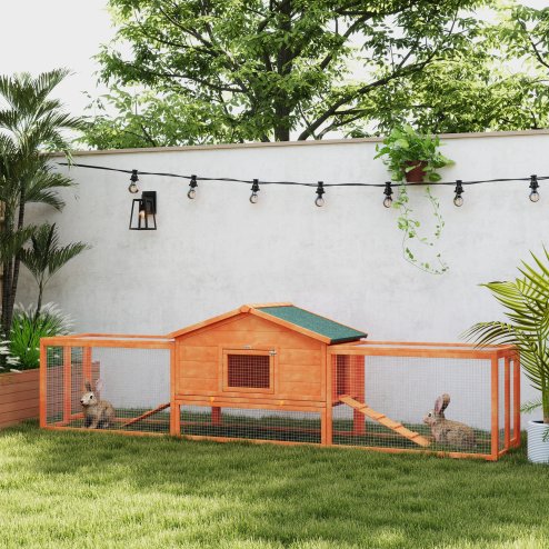 PawHut Rabbit Hutch Run, Guinea Pig Hutch Wooden Bunny House with Tray, Ramps, Asphalt Roof, for Garden, Yard, 309 x 70 x 87cm, Orange