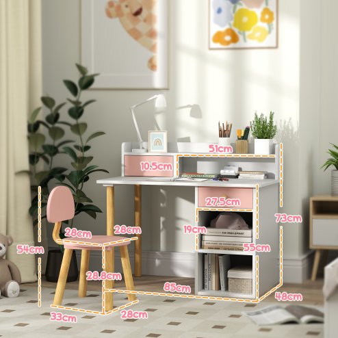 AIYAPLAY Kids Desk and Chair Set, Children Study Table with Hutch, Storage, Drawer, Shelves, for Studying, Reading, Drawing, for Ages 3-8 Years, Pink