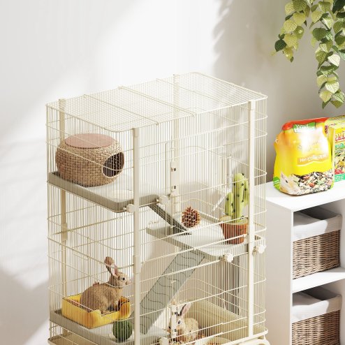 PawHut Rolling Rabbit Cage, 4 Level Rolling Rat Cage with 3 Ramps, Water Bottle, Food Dish, 15cm Deep Tray for Easy Cleaning, Small Pet Cage for Ferrets, Chinchillas, Squirrel, Syrian, Beige