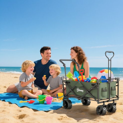 Outsunny 120L Festival Trolley on Wheels, Folding Camping Trolley Cart with Removable Canopy, All-Terrain Wheels, Adjustable Handle and Side Pockets for Garden Beach Fishing Shopping, Green