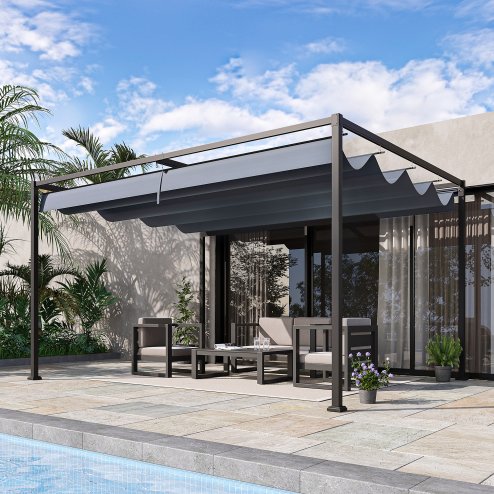 Outsunny 4 x 3(m) Metal Outdoor Pergola with Retractable Roof, Outdoor Gazebo with Drainage Holes for Garden, Patio, Lawn, Grey