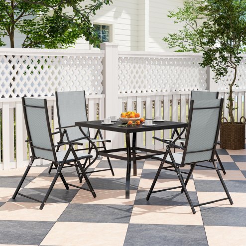 Outsunny 5 Pieces Garden Dining Set, 4 Seater Garden Furniture Set with Parasol Hole, Outdoor Dining Set with High Back Folding Chairs and Square Metal Top Table for Outdoor Patio, Grey
