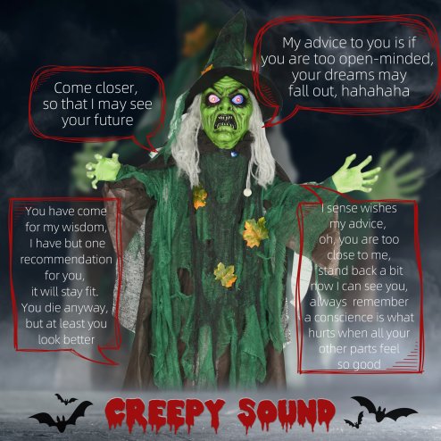 HOMCOM 6ft Outdoor Halloween Decoration Witch, Standing Witch Prop Life Size with Sound and Motion Activated, Light Up Eyes Magical Heart, Talking Sound, Posable Arms, Moving Head